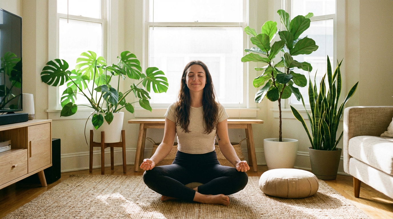Mindfulness meditation practice - sitting cross-legged with eyes closed